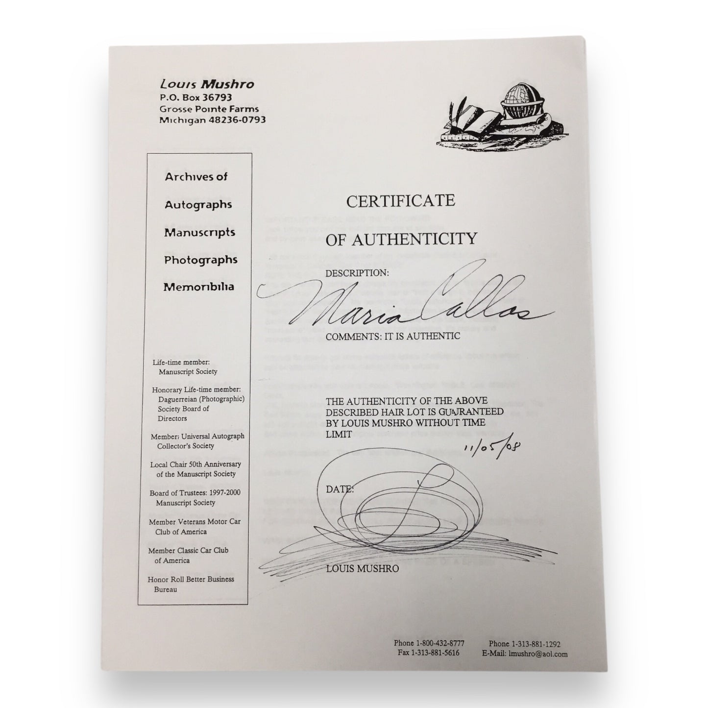 Maria Callas Hair Clipping with Certificate of Authenticity