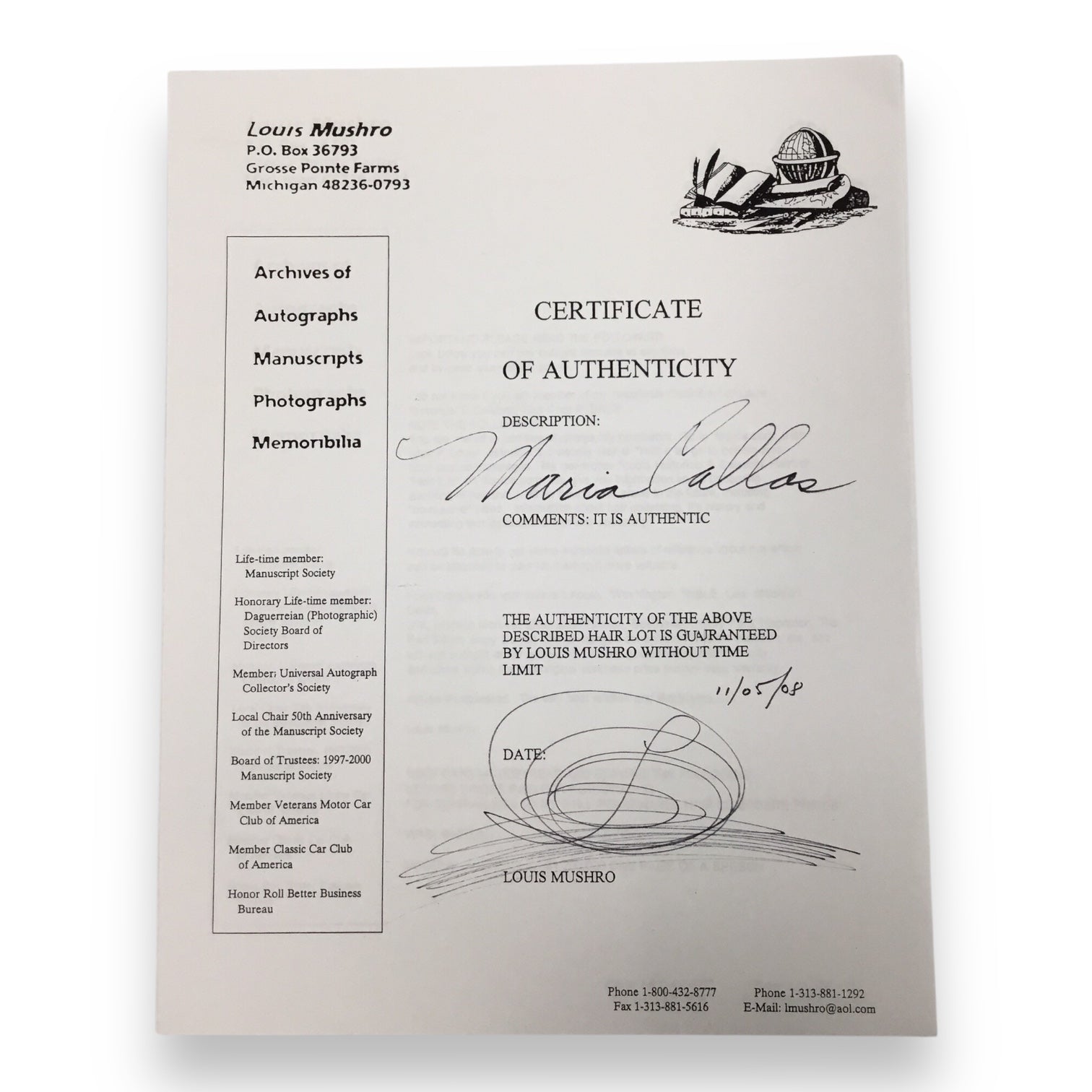 Maria Callas Hair Clipping with Certificate of Authenticity