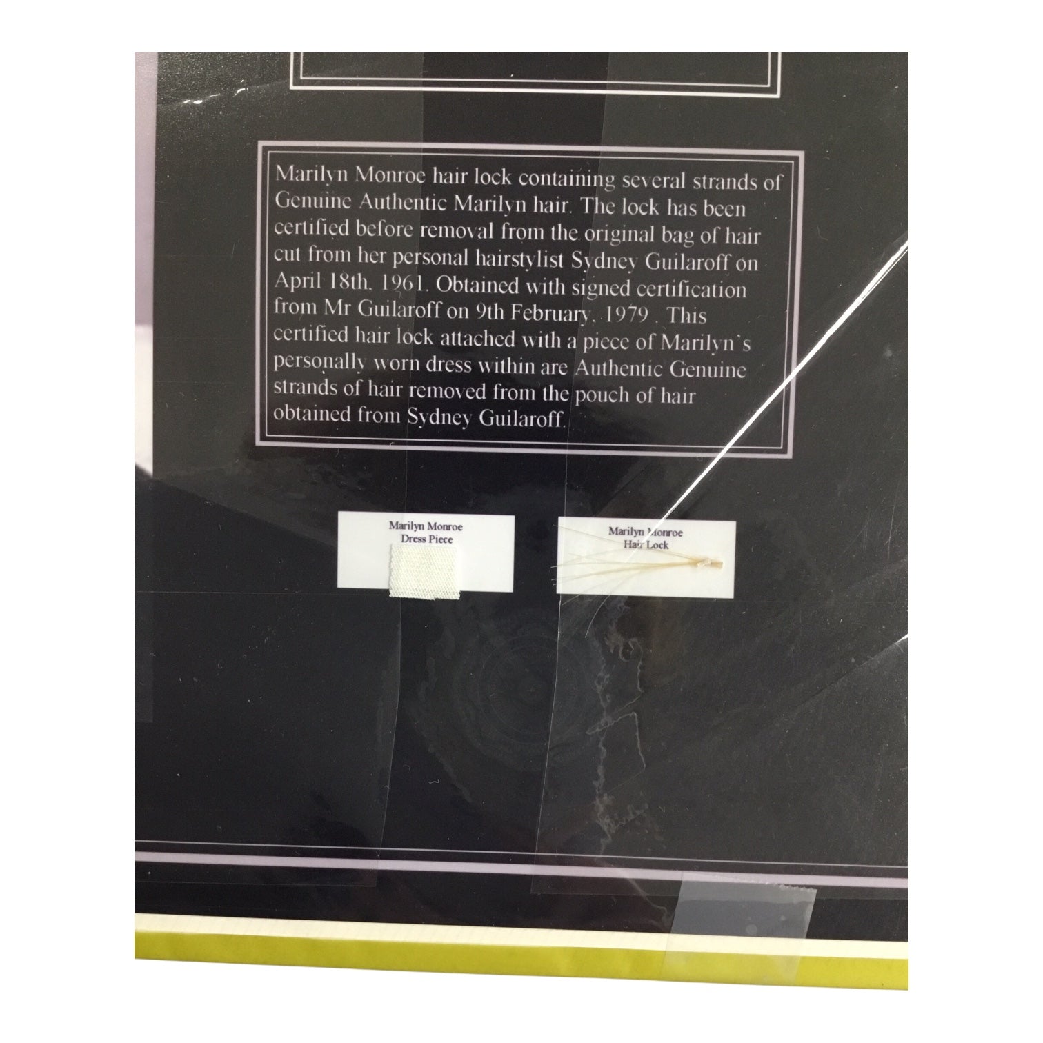 Marilyn Monroe Original Hair Lock and Dress Piece with Certificate of Authenticity