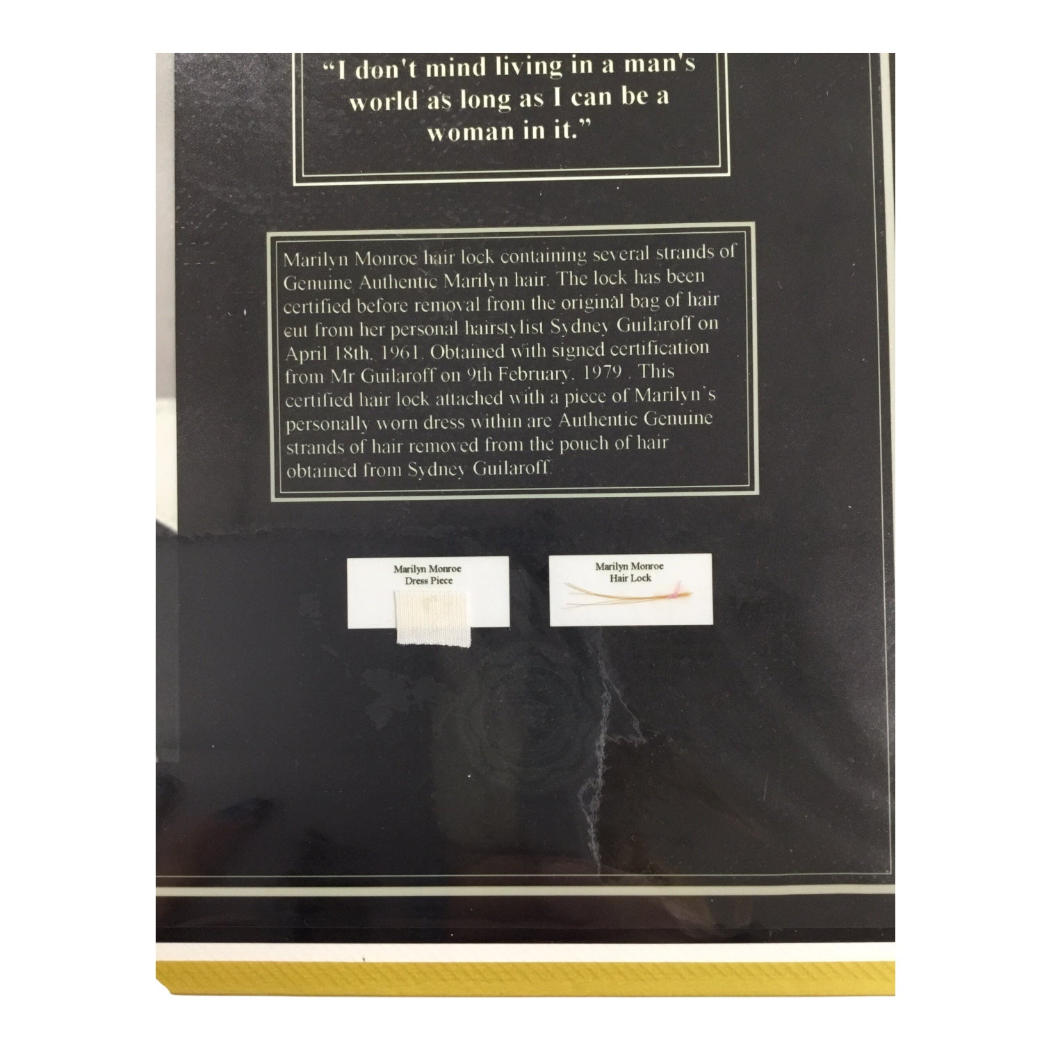 Marilyn Monroe Original Hair Lock and Dress Piece with Certificate of Authenticity