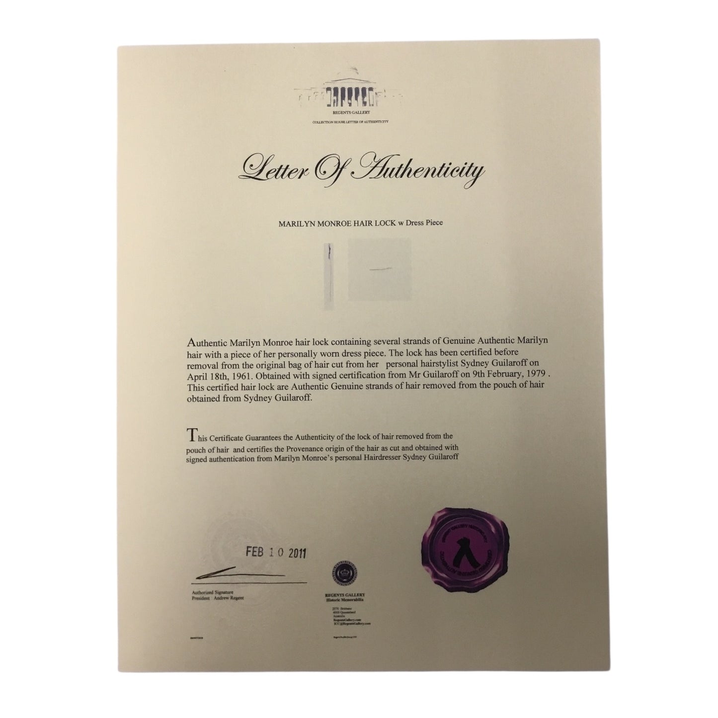 Marilyn Monroe Original Hair Lock and Dress Piece with Certificate of Authenticity