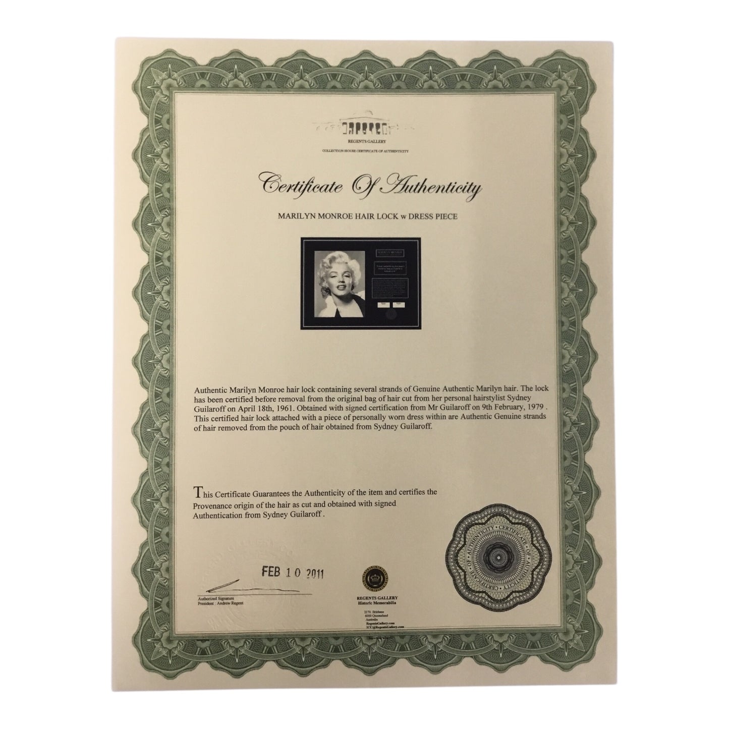 Marilyn Monroe Original Hair Lock and Dress Piece with Certificate of Authenticity