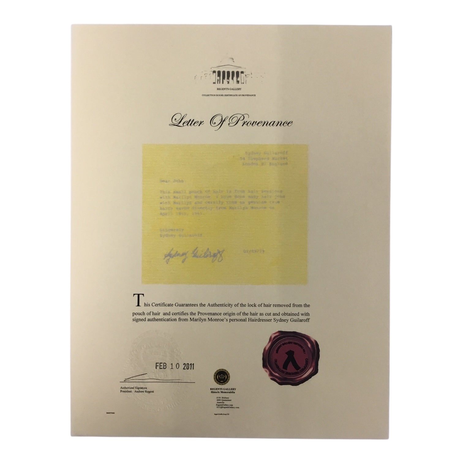 Marilyn Monroe Original Hair Lock and Dress Piece with Certificate of Authenticity