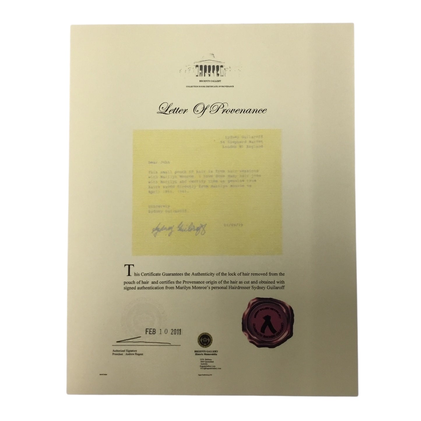 Marilyn Monroe Original Hair Lock and Dress Piece with Certificate of Authenticity