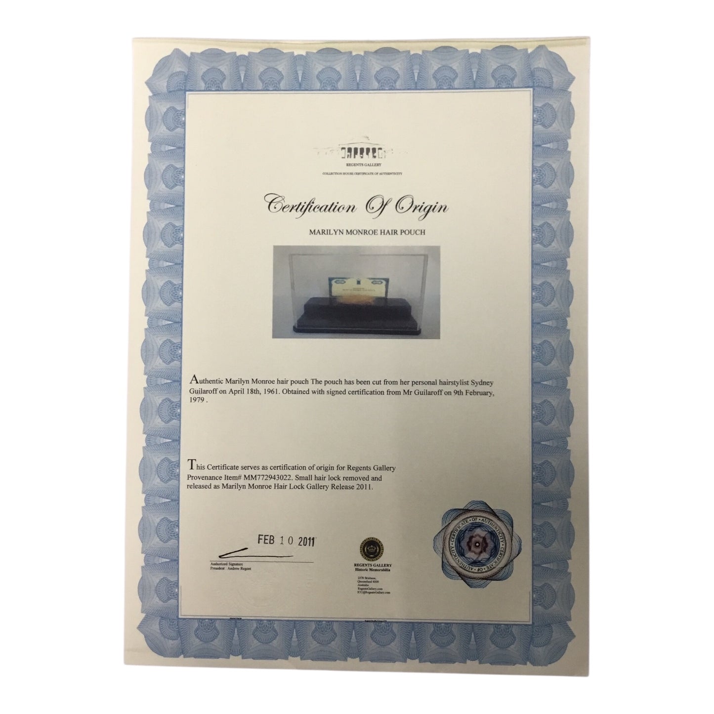 Marilyn Monroe Original Hair Lock and Dress Piece with Certificate of Authenticity