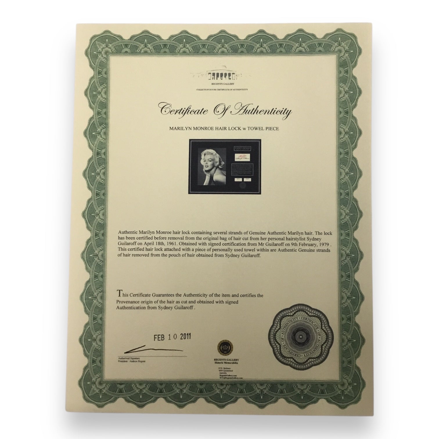 Marilyn Monroe Original Hair Lock and Towel Piece with Certificate of Authenticity