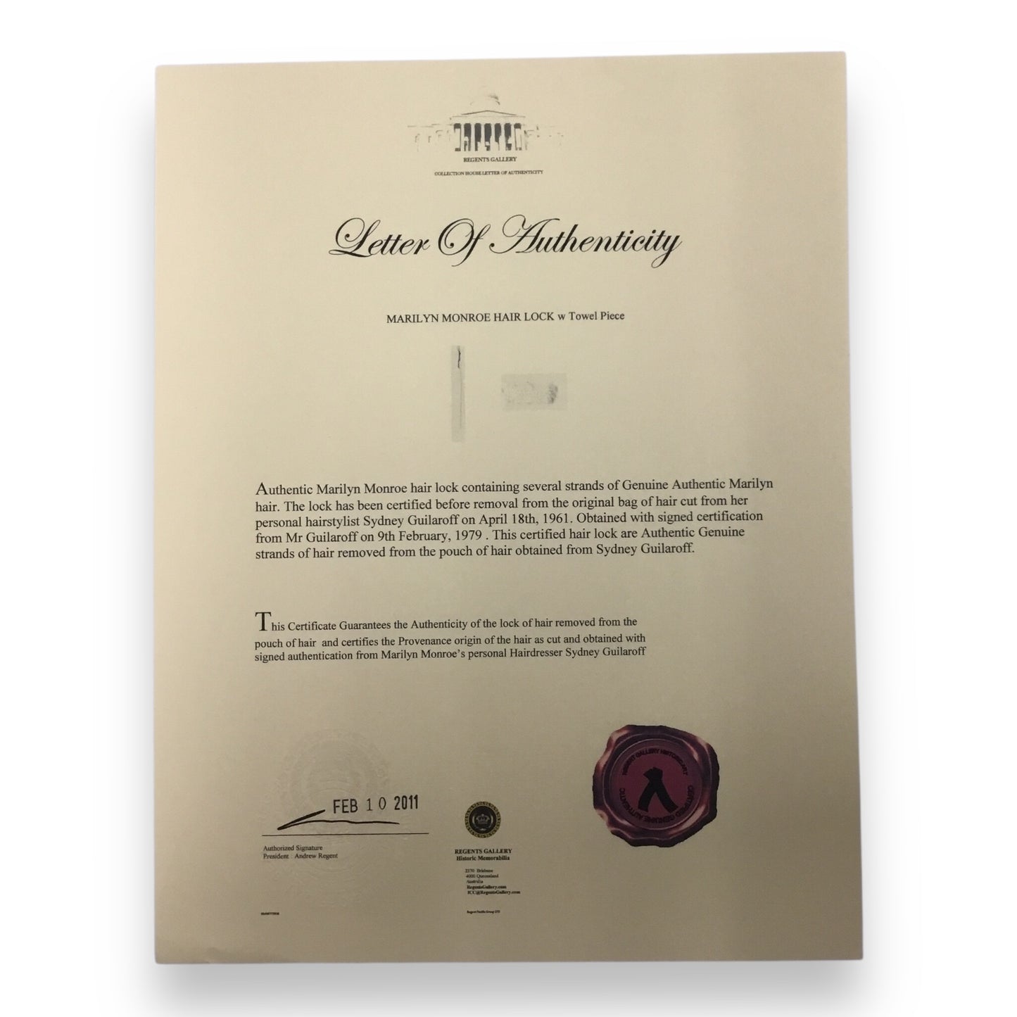 Marilyn Monroe Original Hair Lock and Towel Piece with Certificate of Authenticity