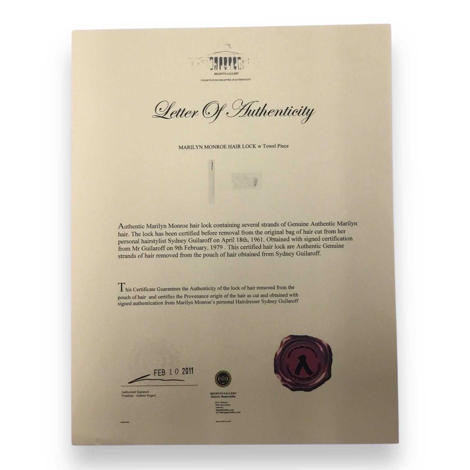 Marilyn Monroe Original Hair Lock and Towel Piece with Certificate of Authenticity