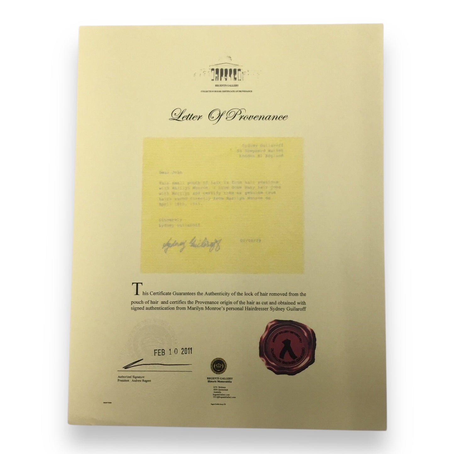 Marilyn Monroe Original Hair Lock and Towel Piece with Certificate of Authenticity