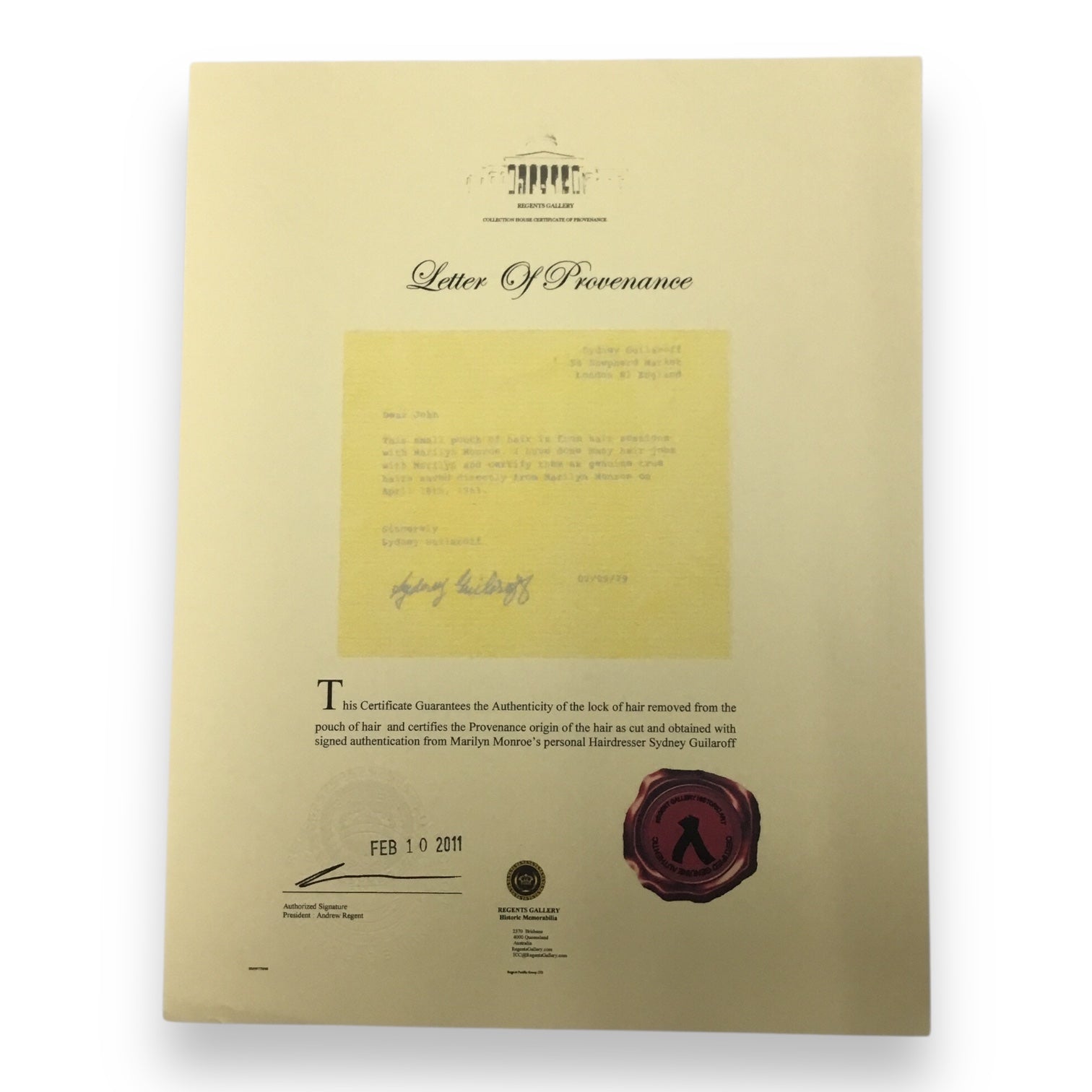 Marilyn Monroe Original Hair Lock and Towel Piece with Certificate of Authenticity