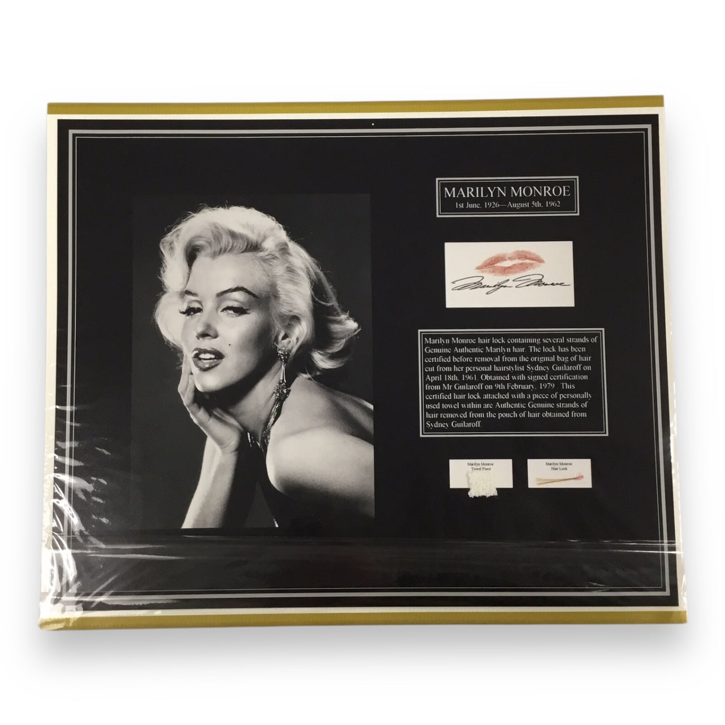 Marilyn Monroe Original Hair Lock and Towel Piece with Certificate of Authenticity
