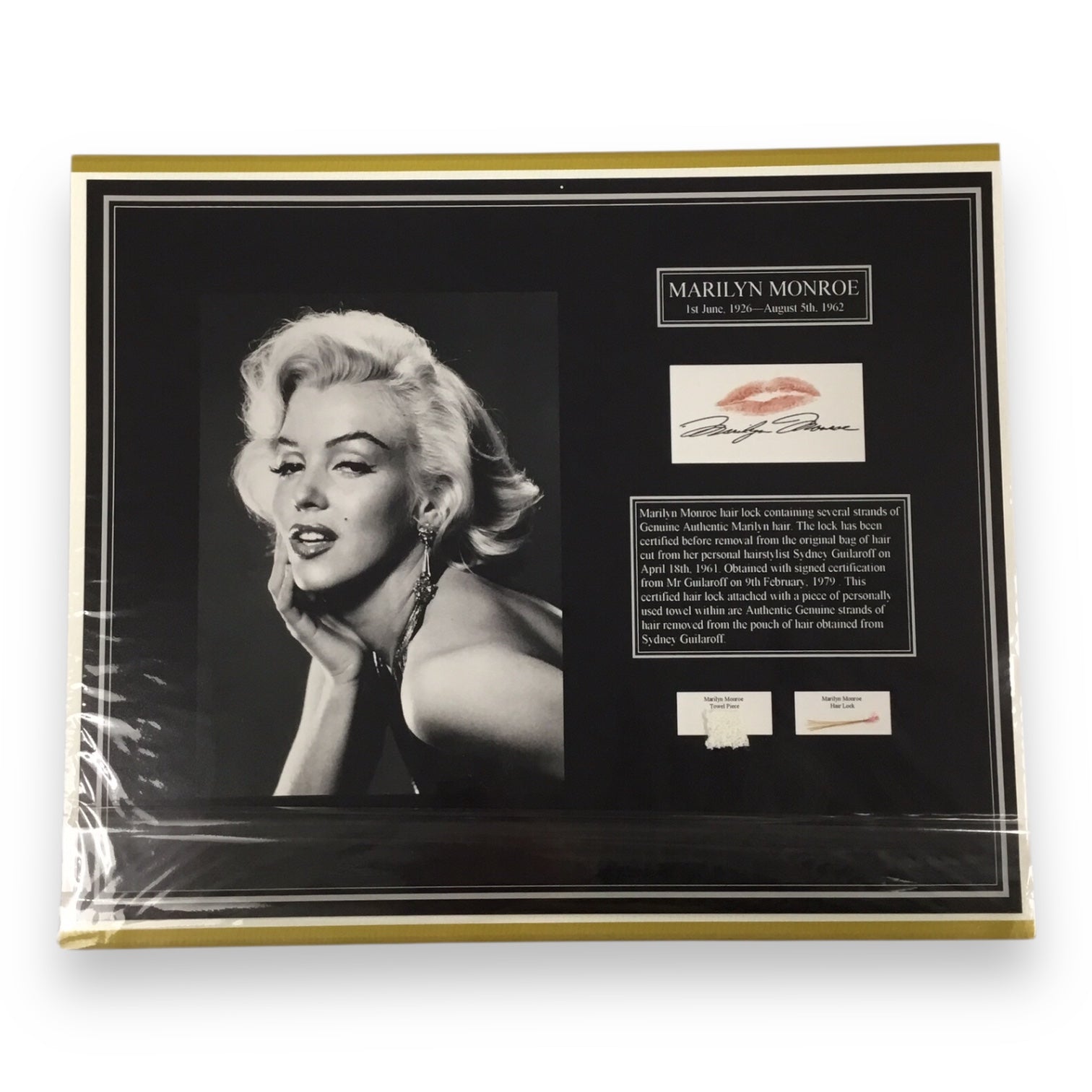 Marilyn Monroe Original Hair Lock and Towel Piece with Certificate of Authenticity