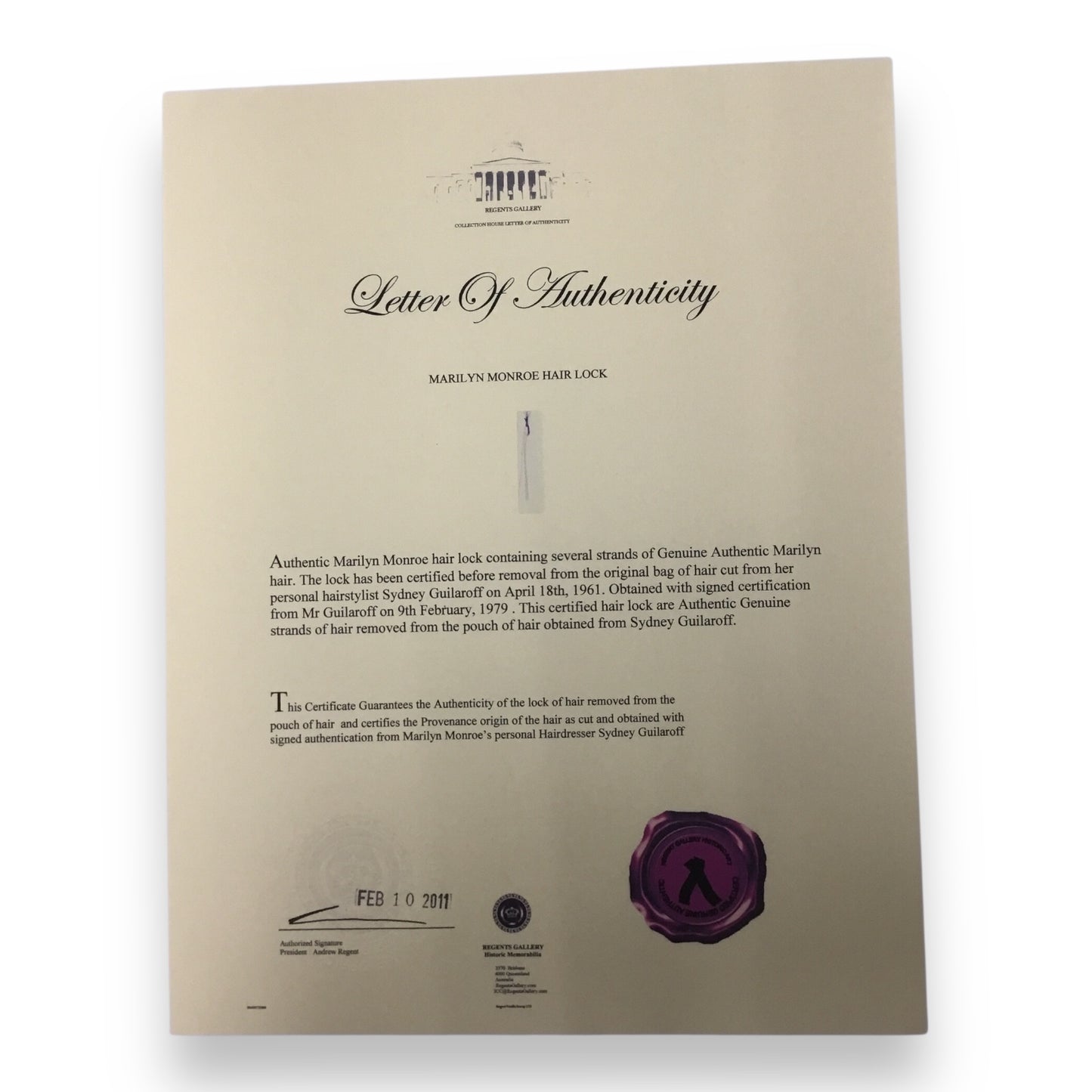 Marilyn Monroe Original Hair Lock with Certificate of Authenticity