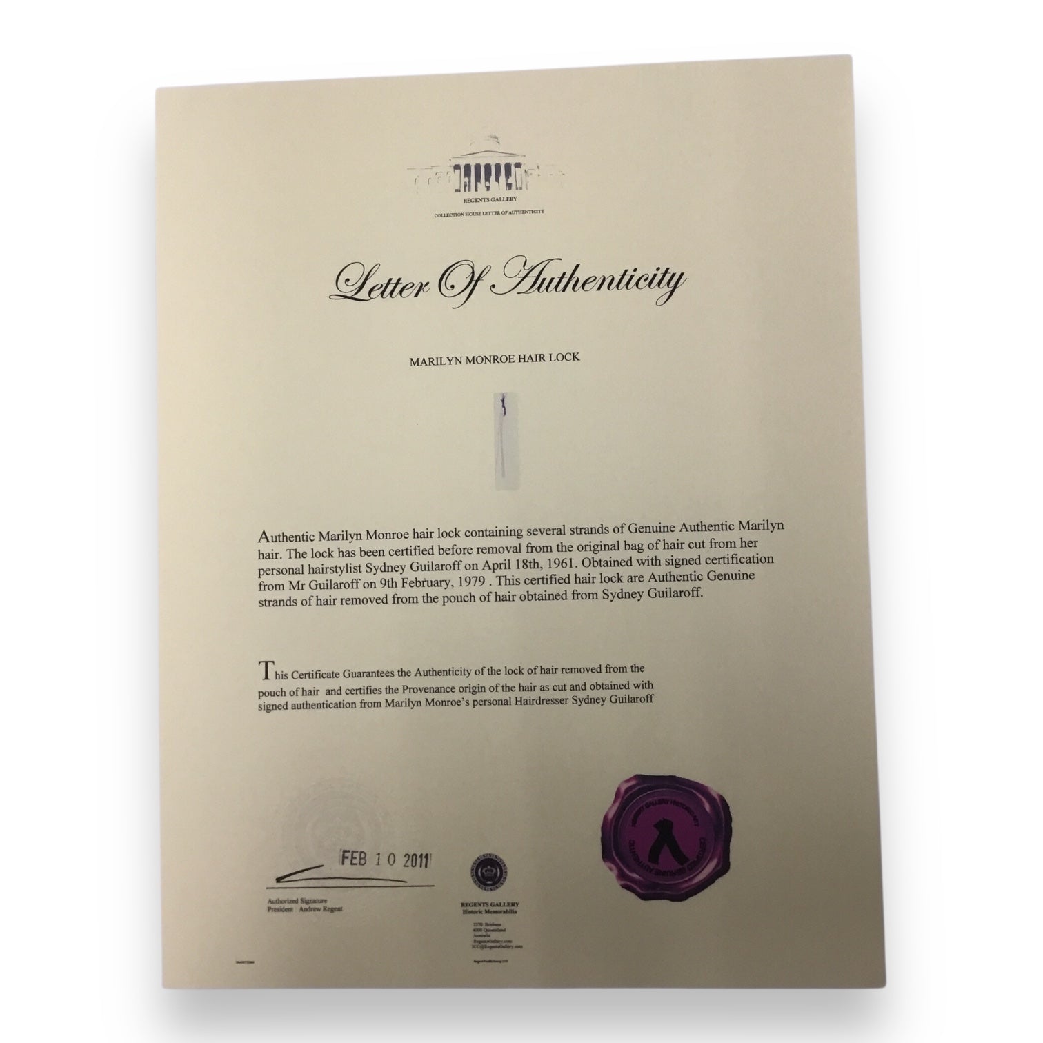 Marilyn Monroe Original Hair Lock with Certificate of Authenticity