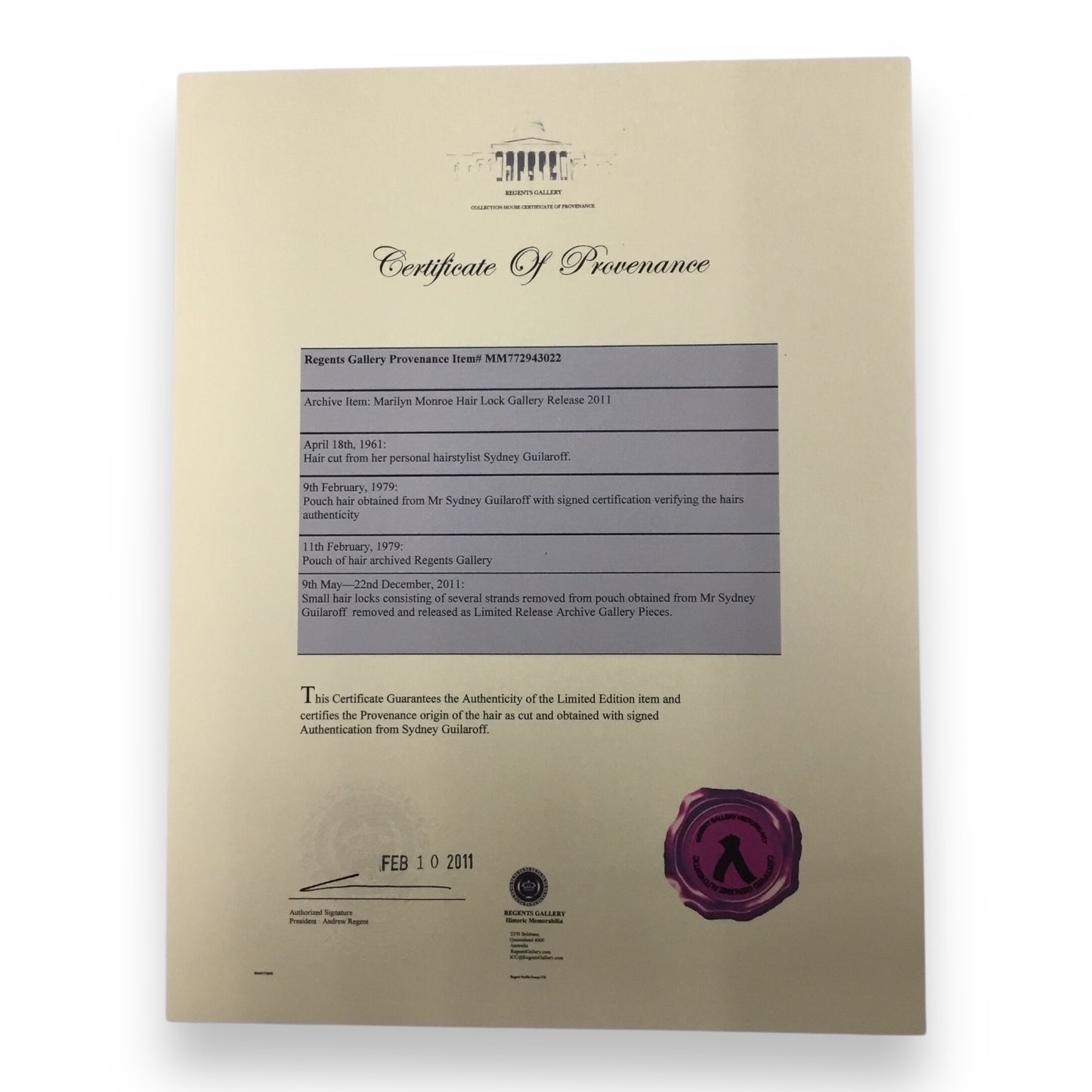 Marilyn Monroe Original Hair Lock with Certificate of Authenticity