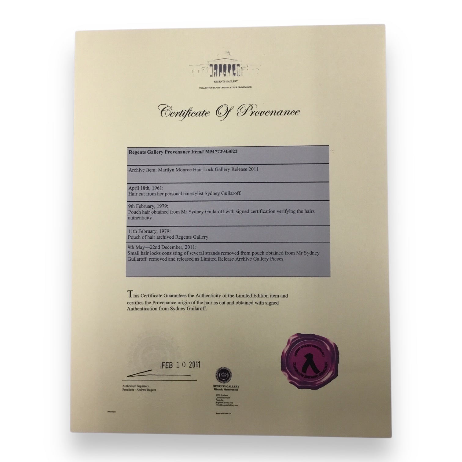 Marilyn Monroe Original Hair Lock with Certificate of Authenticity