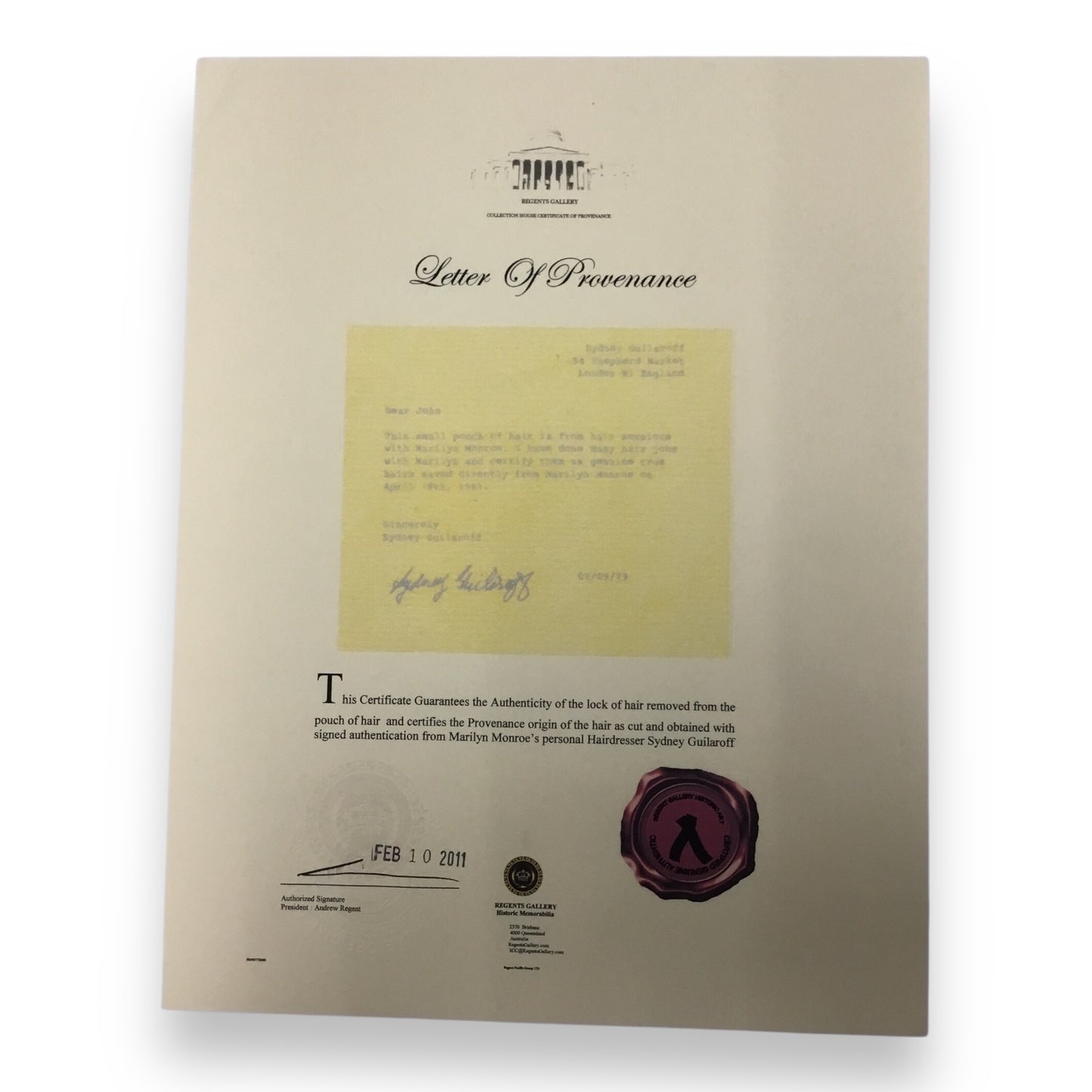 Marilyn Monroe Original Hair Lock with Certificate of Authenticity