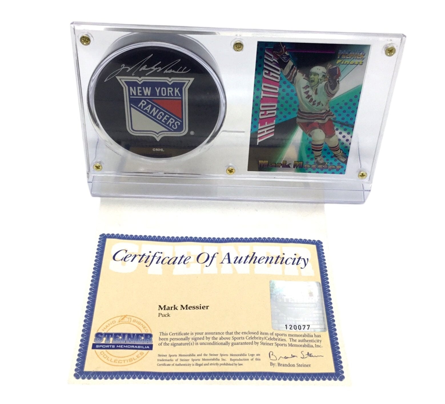 Mark Messier New York Rangers Autographed Puck Certified Steiner & Topps Card