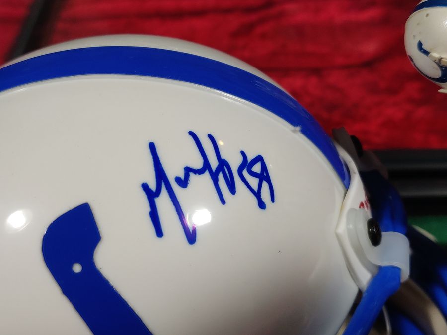 Marvin Harrison Colts Autographed Mini Helmet Shadowbox w/ Jersey Card & Figure