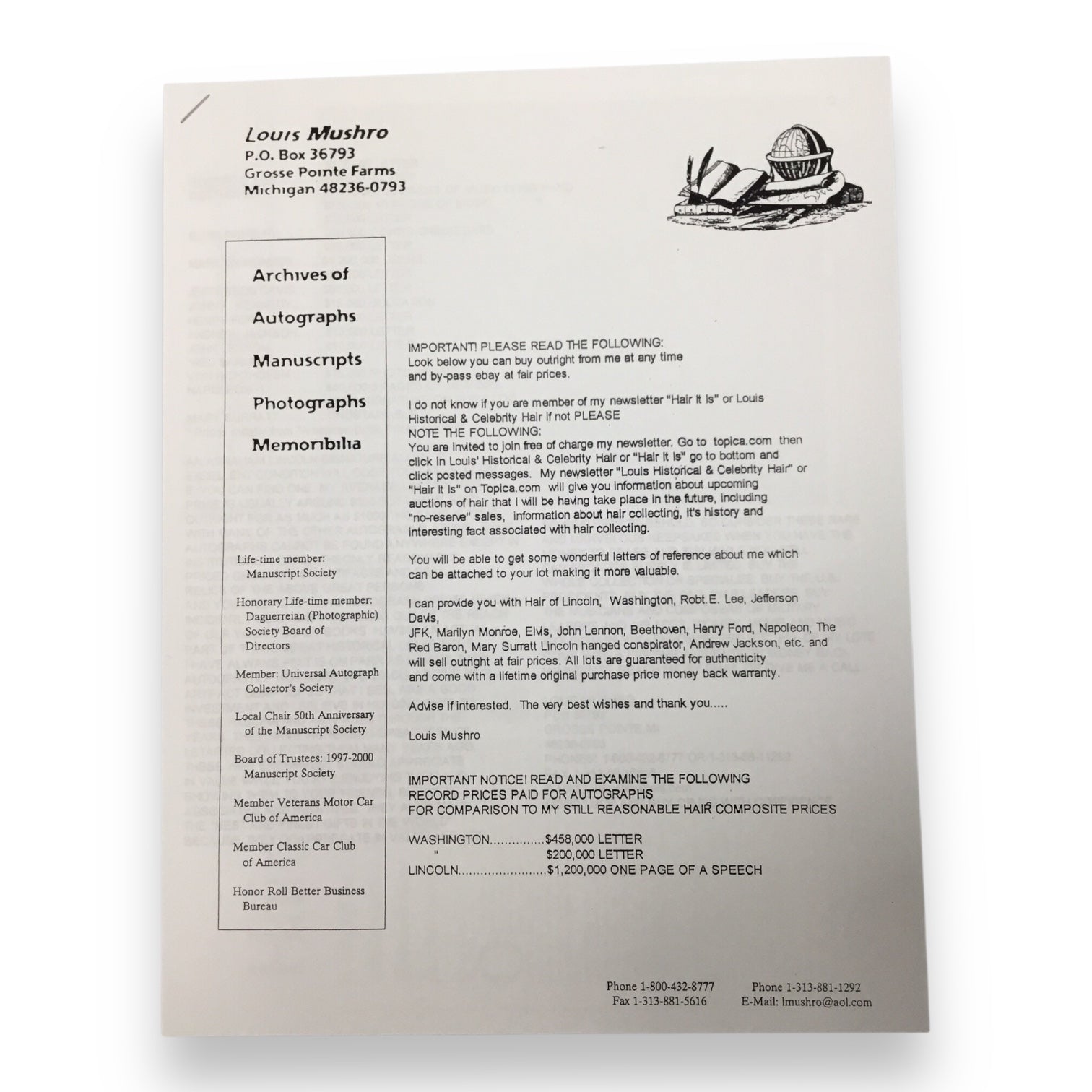 Mary Todd Lincoln Hair Clipping with Certificate of Authenticity