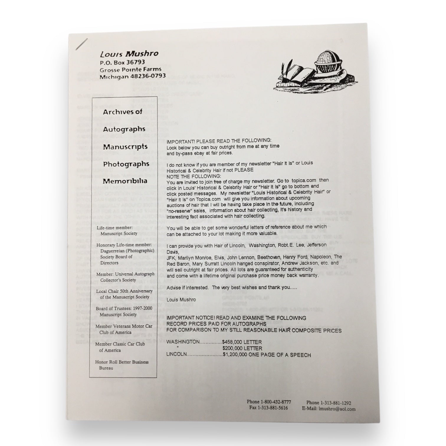 Mary Todd Lincoln Hair Clipping with Certificate of Authenticity