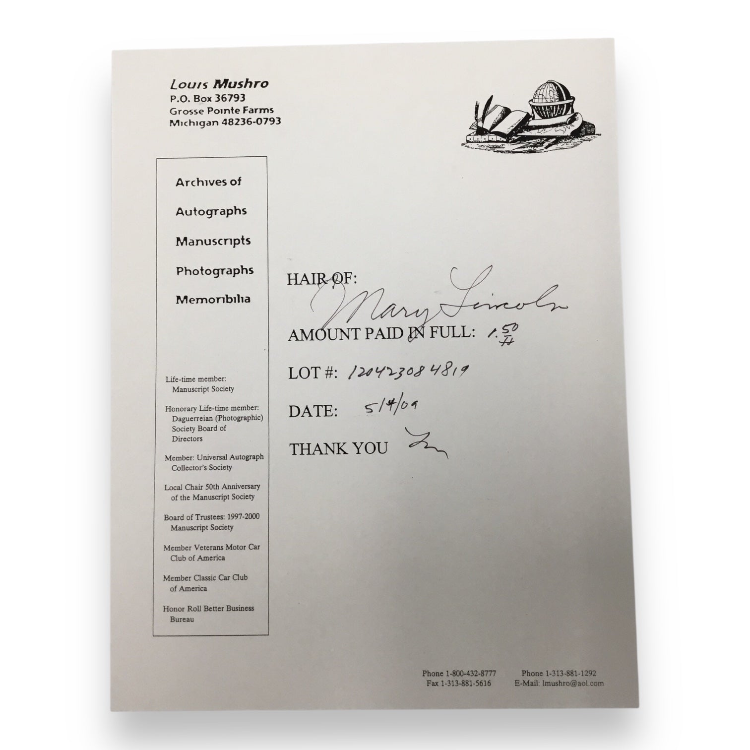 Mary Todd Lincoln Hair Clipping with Certificate of Authenticity