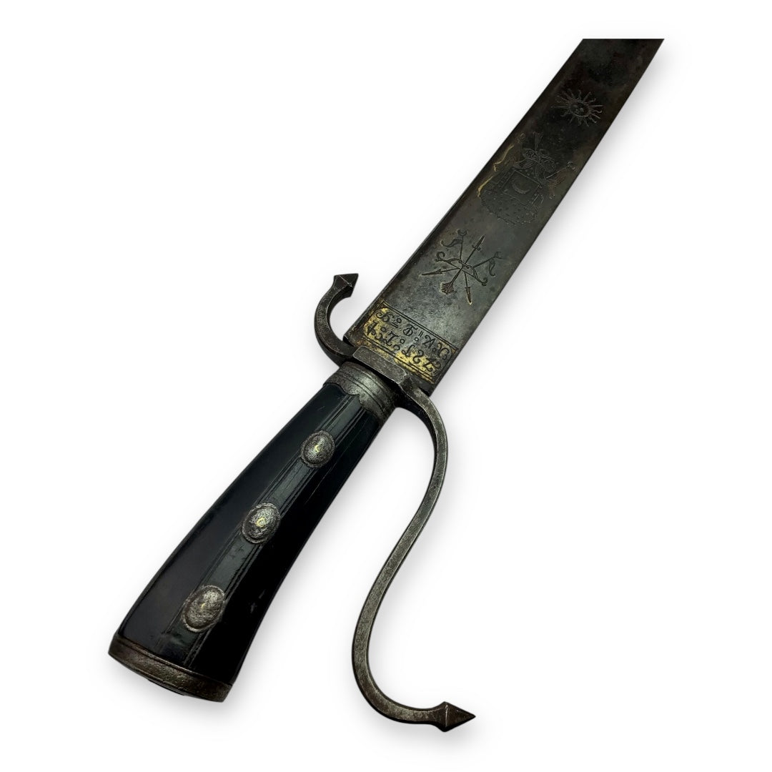 Massive French Cuttoe Hunting Sword Blued & Gilt Blade Rare Iron Hilt