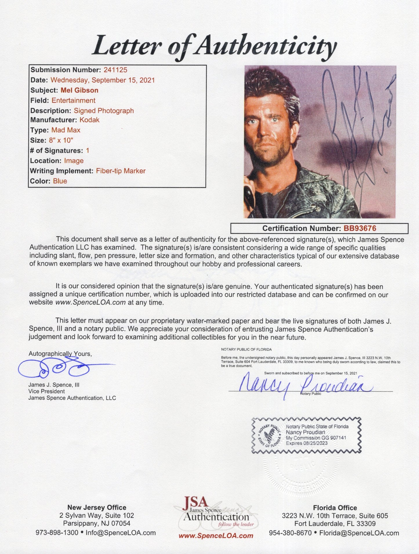 Mel Gibson Signed Photo 8x10, Mel Gibson Autograph in Mad Max, JSA Letter BB93676 and PSA Letter Certified Authentic