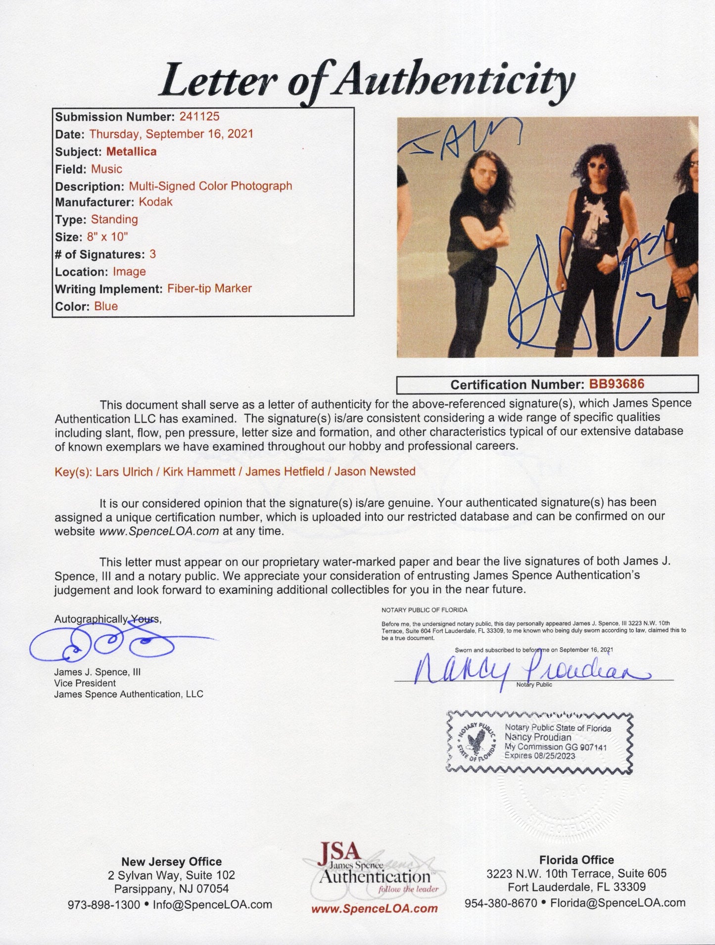 Metallica Signed Photo 8x10, Metallica Autograph by Entire Band, JSA Letter BB93686 and PSA Letter Double Certified