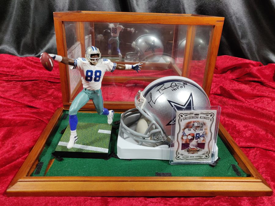 Michael Irvin Cowboys Autographed Mini Helmet Shadowbox w/ Jersey Card + Figure