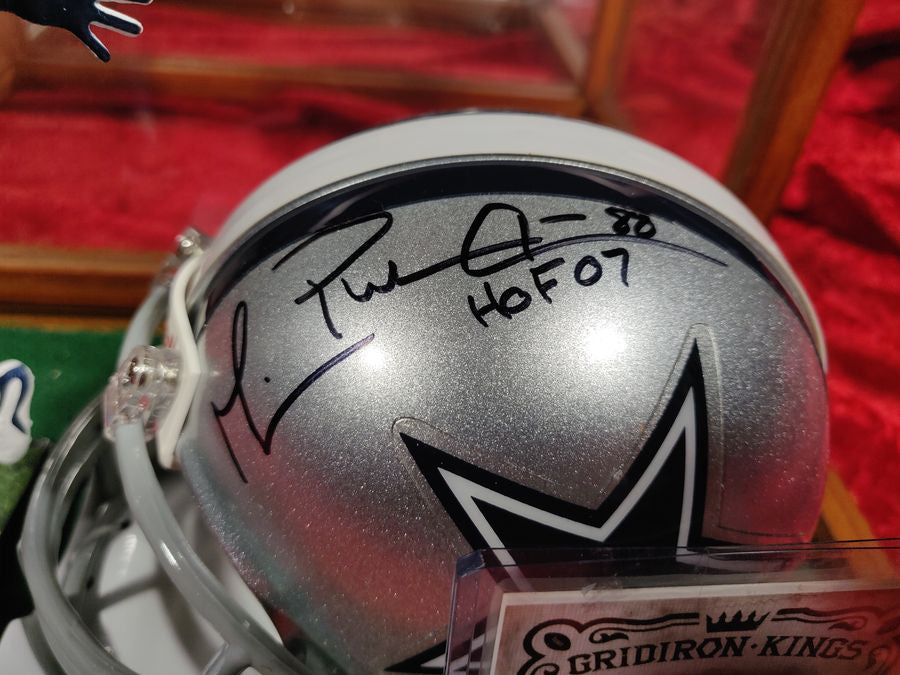 Michael Irvin Cowboys Autographed Mini Helmet Shadowbox w/ Jersey Card + Figure