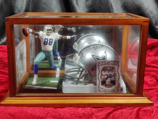 Michael Irvin Cowboys Autographed Mini Helmet Shadowbox w/ Jersey Card + Figure