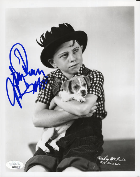 Mickey Rooney Signed Photo 8x10, Mickey Rooney Autograph as Mickey McGuire Holding Puppy, Rare B&W Photo, JSA and PSA Letter Double Certified Authentic UU42361