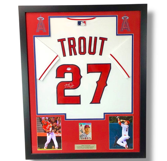 Mike Trout Signed Custom Framed Jersey w/ PSA Cert & Topps Chrome Refractor Card