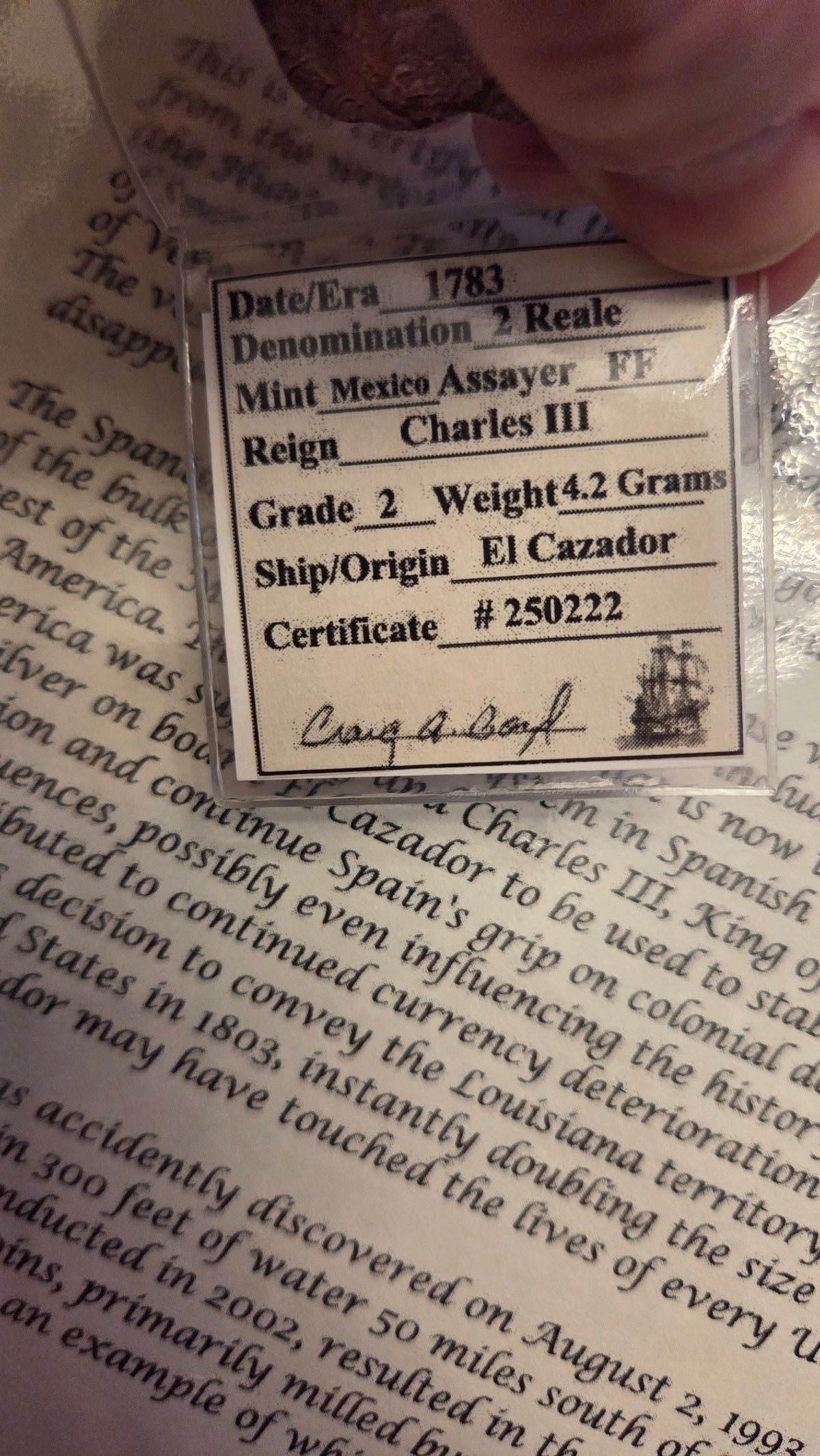 El Cazador Shipwreck Two Reale Coin from Reign of Charles III Mexico Mint Assayer FF c. 1783  4.20 grams silver. Milled Bust 2 Reales Obverse and Reverse Design Certificate # 250222              Has COA from Shipwreck Museum 