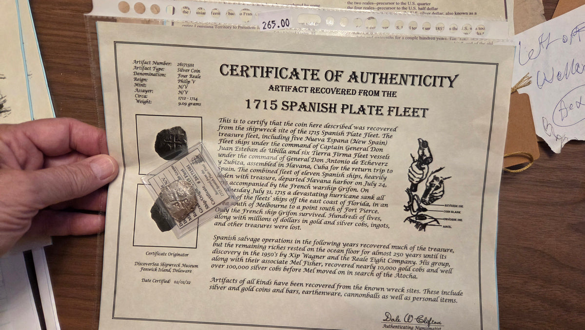 1715 Spanish Fleet Silver Coin Four Reale Coin from Reign of Phillip V, Mint & Assayer N/V c. 1712-1714  9.09 grams silver. ______ Milled Bust 2 Reales Obverse and Reverse Design Certificate # 26171501 Has COA from Shipwreck Museum   