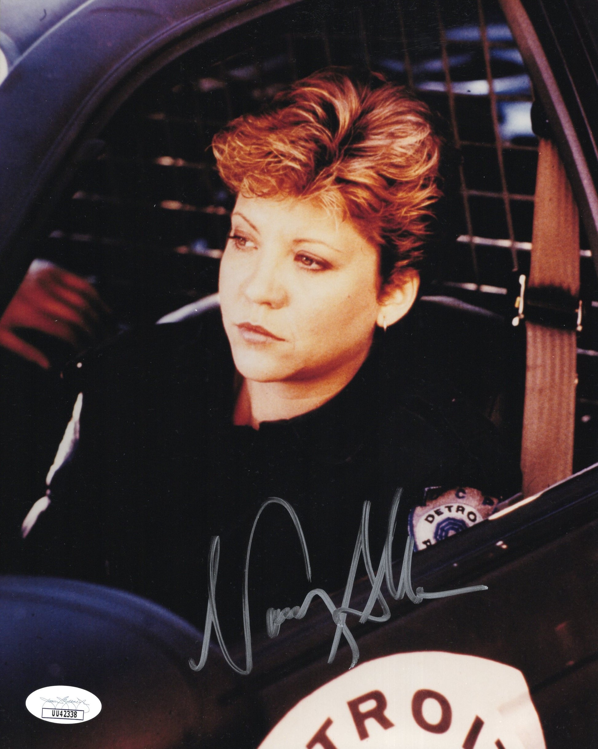 Nancy Allen Signed Photo 8x10, Nancy Allen Autograph as Lewis in Robocop in Uniform Seated in Car, JSA and PSA Letter Double Certified Authentic UU42338
