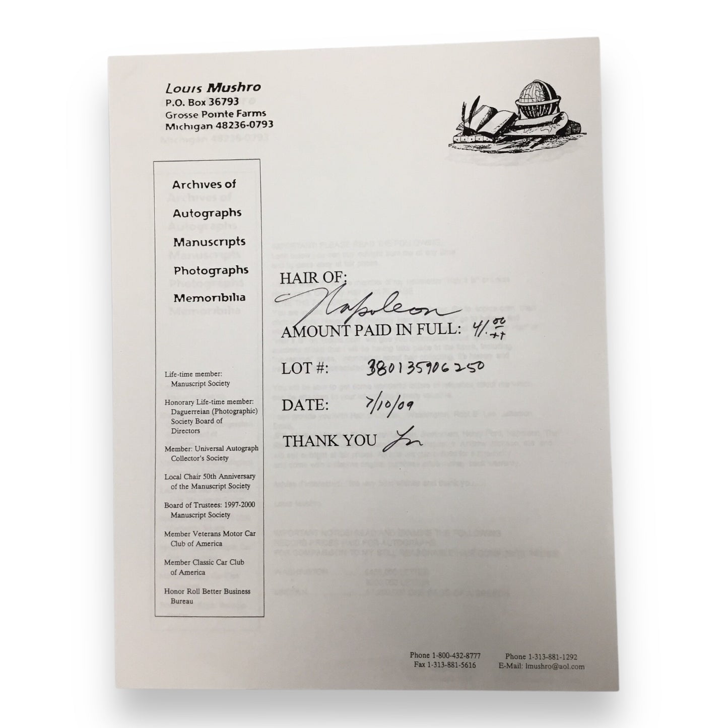 Napolean Buonaparte Hair Clipping with Certificate of Authenticity