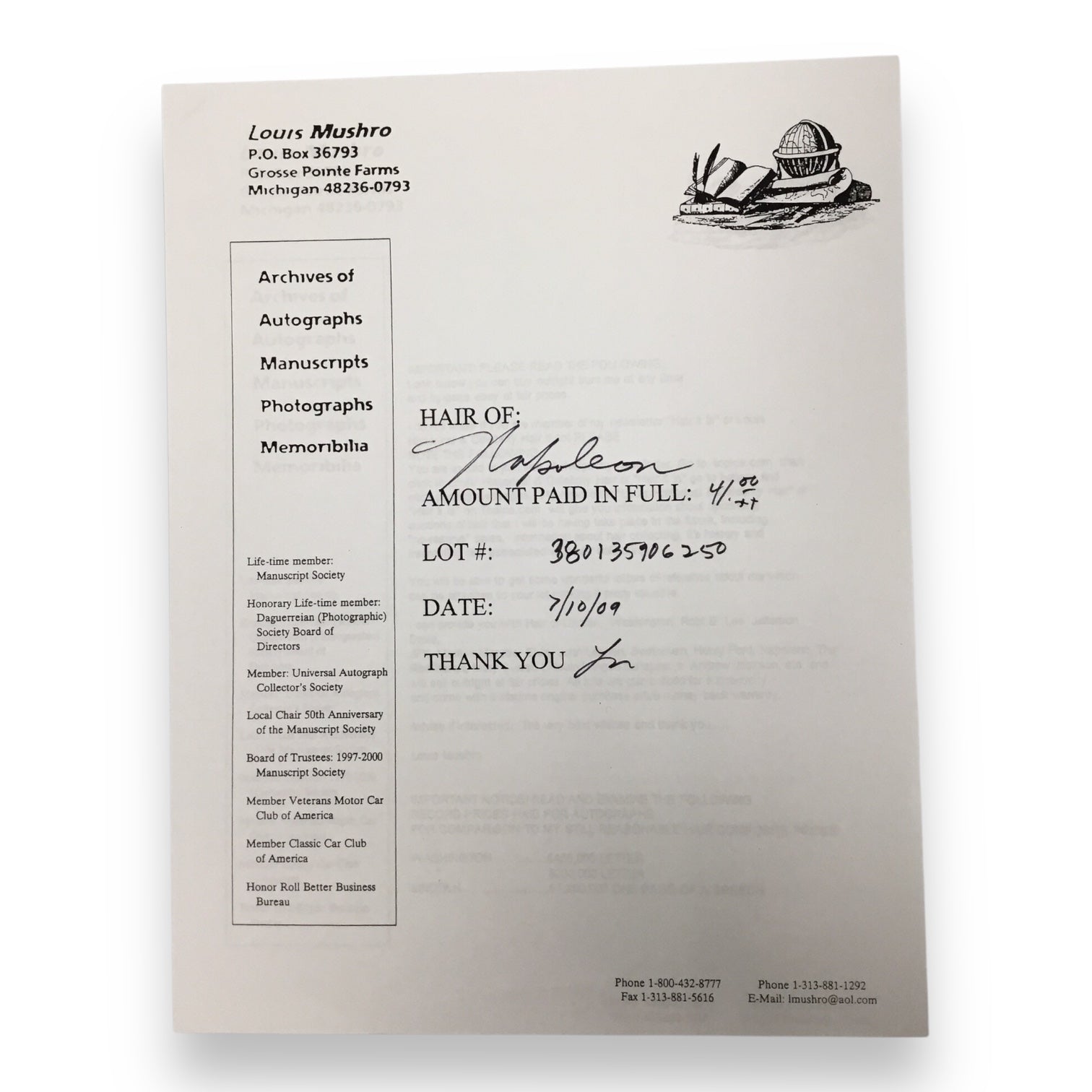 Napolean Buonaparte Hair Clipping with Certificate of Authenticity