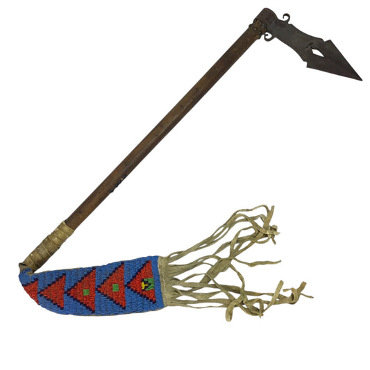 Native American Indian War Period Trade Tomahawk with Beaded Leather Fringe Drop c. 1880-1905