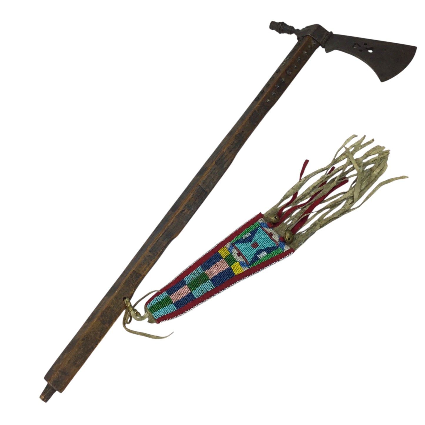 Native American Trade Peace Pipe Tomahawk with Gun Barrel Bowl and Beaded Fringe