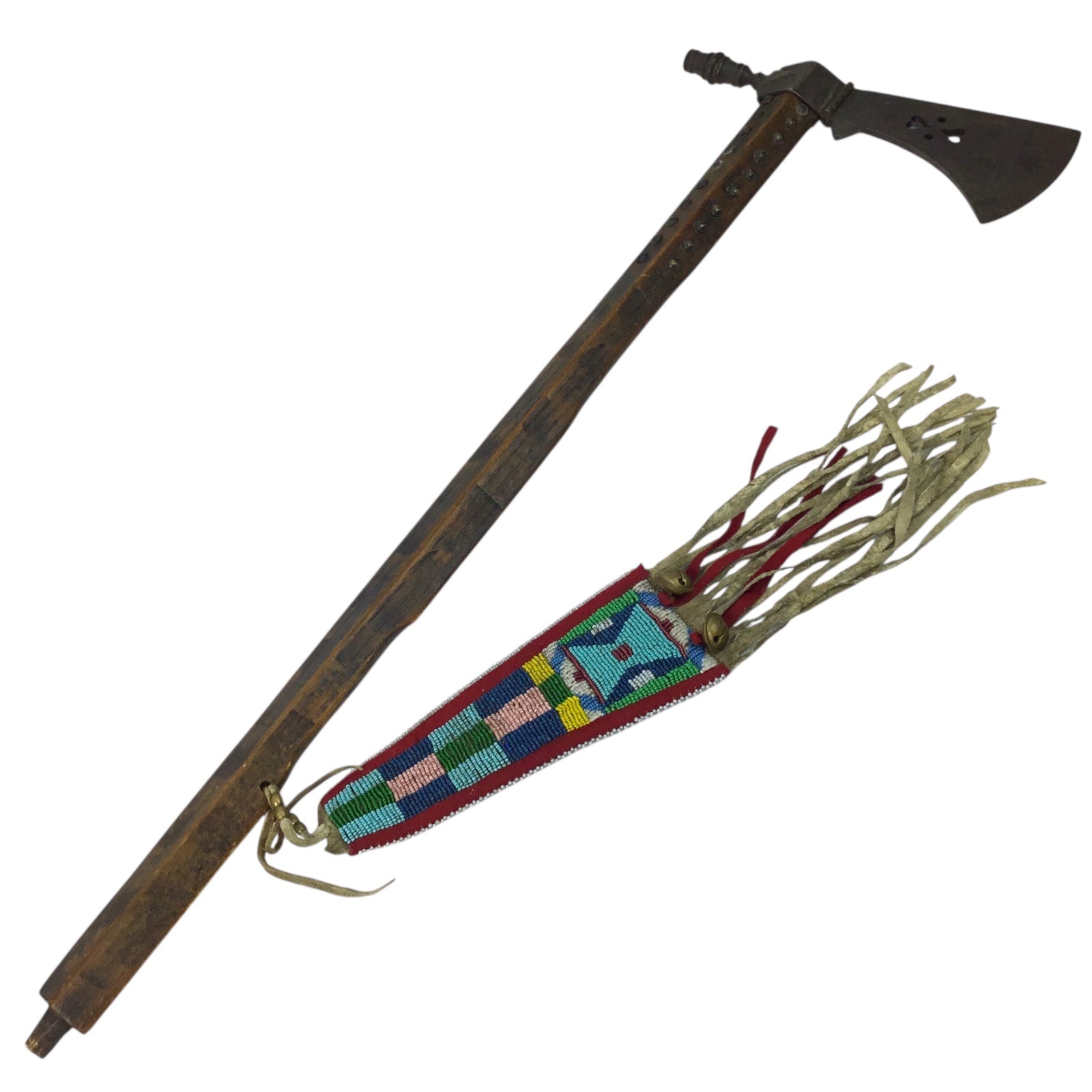 Native American Trade Peace Pipe Tomahawk with Gun Barrel Bowl and Beaded Fringe