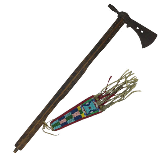 Native American Trade Peace Pipe Tomahawk with Gun Barrel Bowl and Beaded Fringe