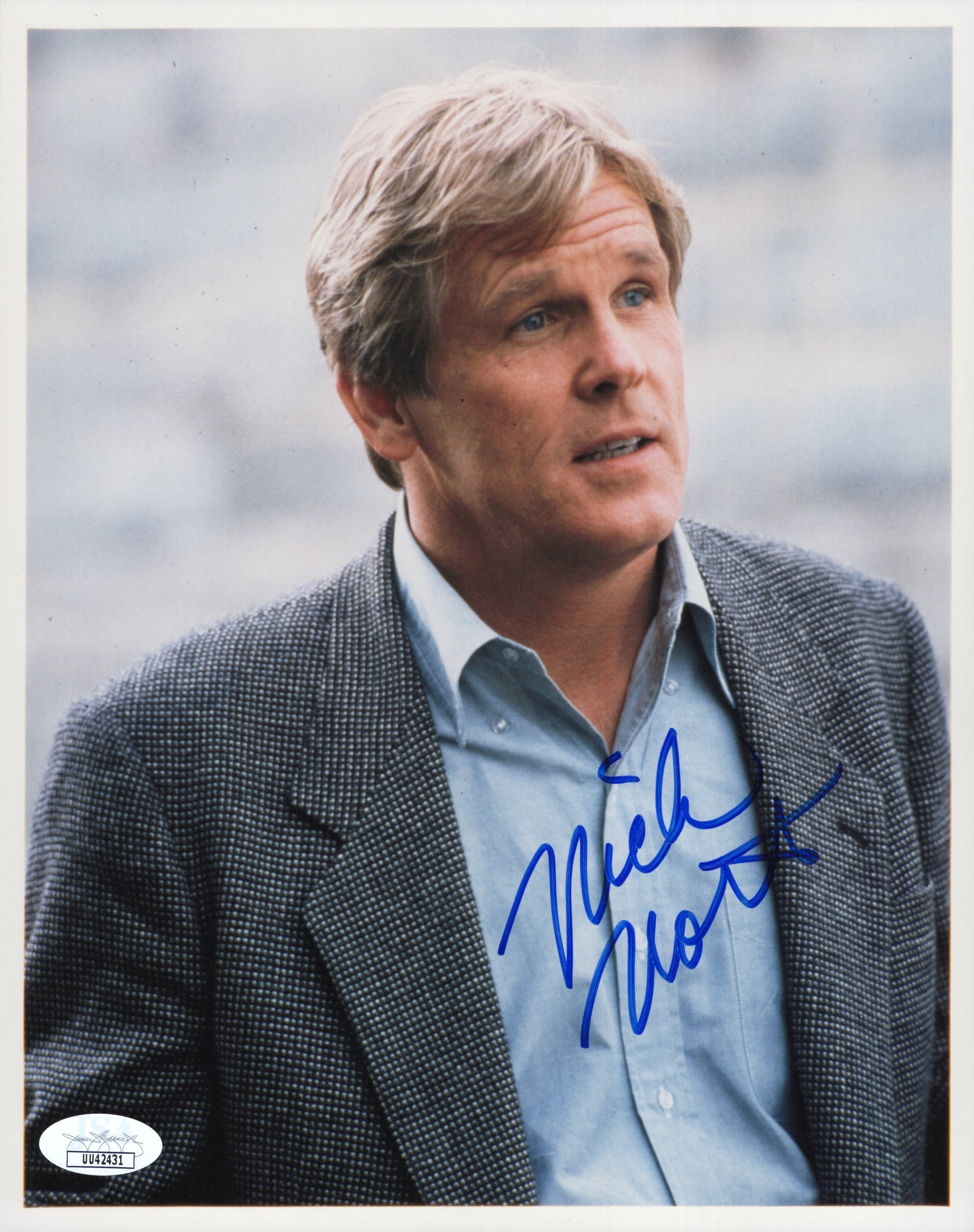 Nick Nolte Signed Photo 8x10, Nick Nolte Autograph Wearing Blue Shirt and Grey Houndstooth Jacket, JSA and PSA Letter Double Certified Authentic UU42431