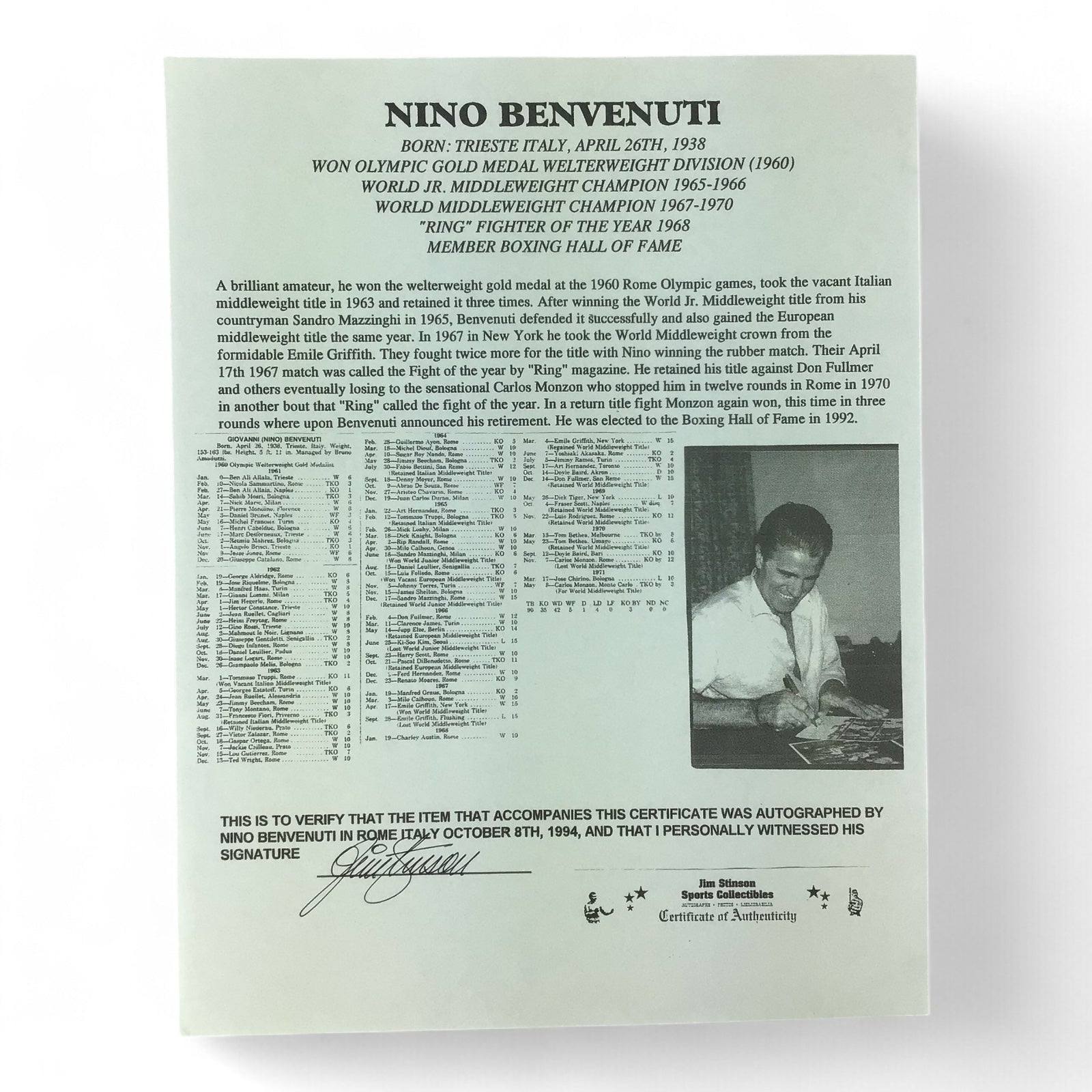 Nino Benvenuti Autographed Black-and-White Photo - Double Certified Collectible