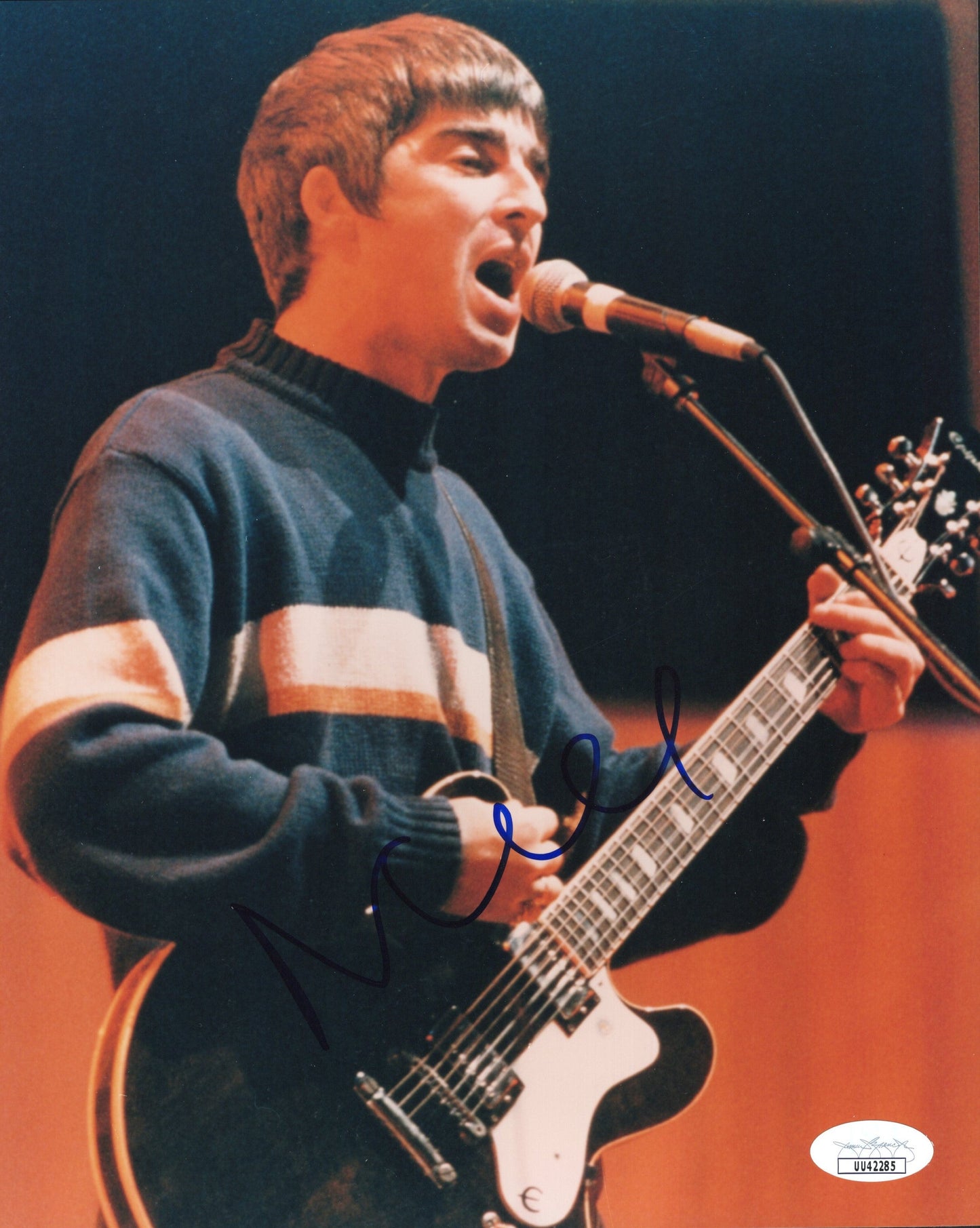 Noel Gallagher Signed Photo 8x10, Oasis Noel Gallagher Autograph Rare Photo, Early Photo of Noel Gallagher Playing Guitar on Stage, JSA and PSA Letter Double Certified Authentic UU42285