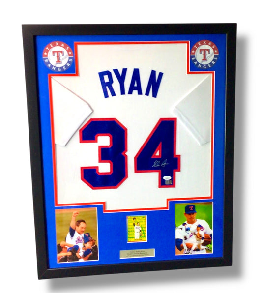Nolan Ryan Texas Rangers Framed Signed Jersey w/ JSA Cert & Sports Card