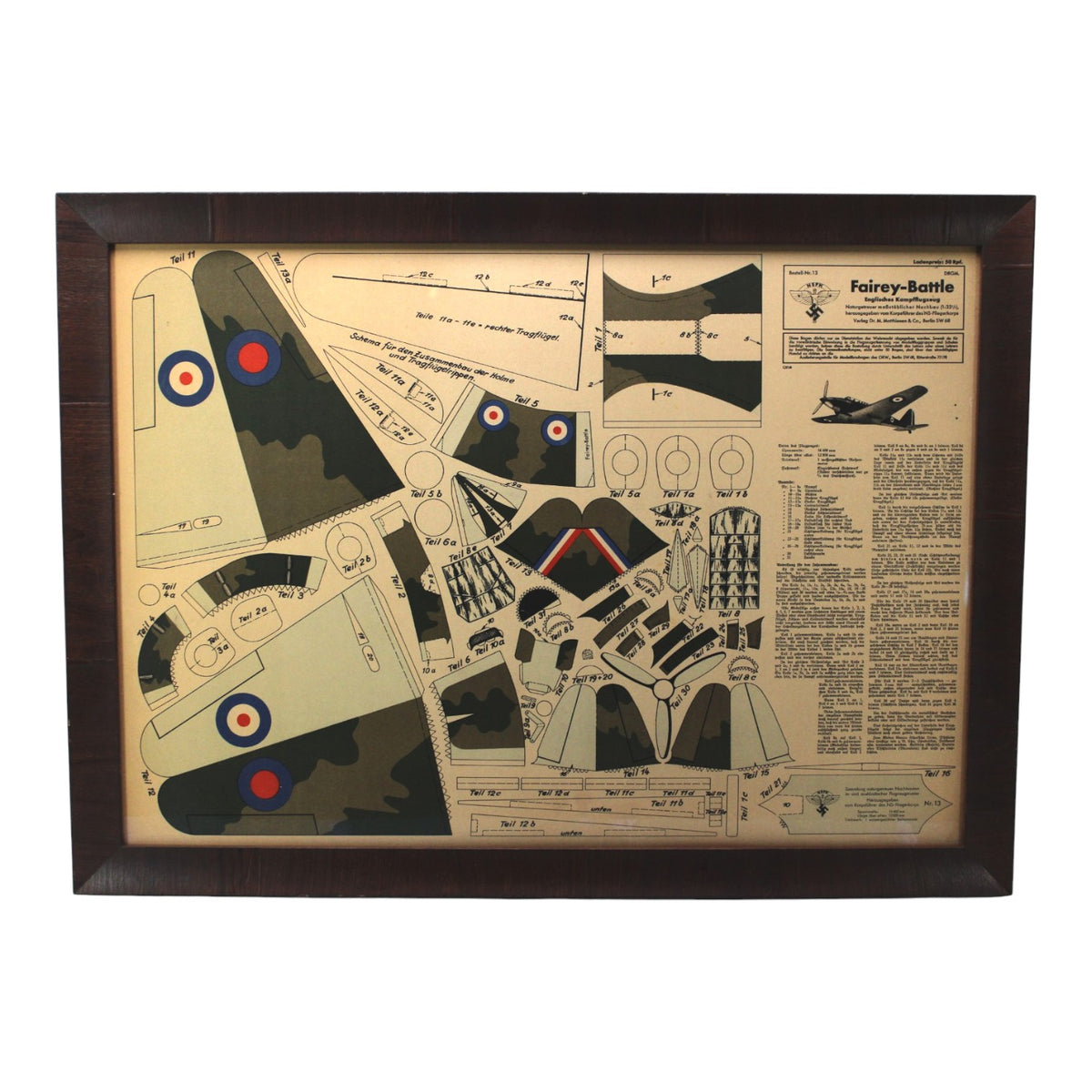 Original German WWII NSFK Fairey Battle Aircraft Identification Model Kit | Rare Unbuilt Paper Set | Framed