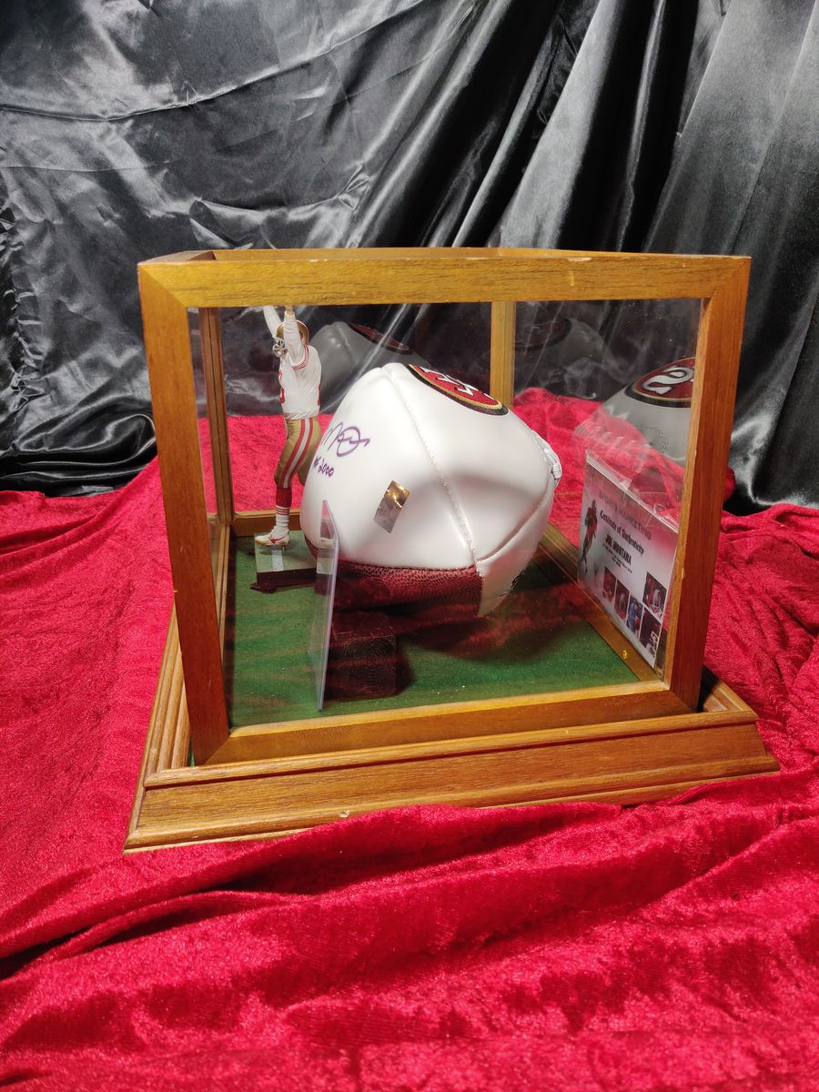 Original Joe Montana 49ers Autographed Football Shadowbox with Card and Figure