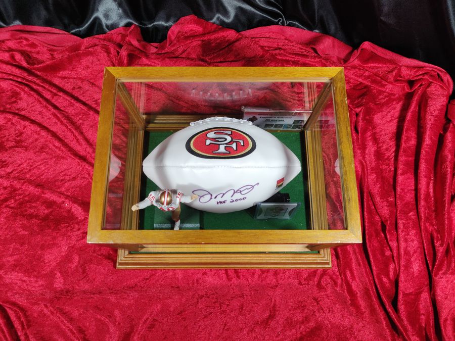 Original Joe Montana 49ers Autographed Football Shadowbox with Card and Figure